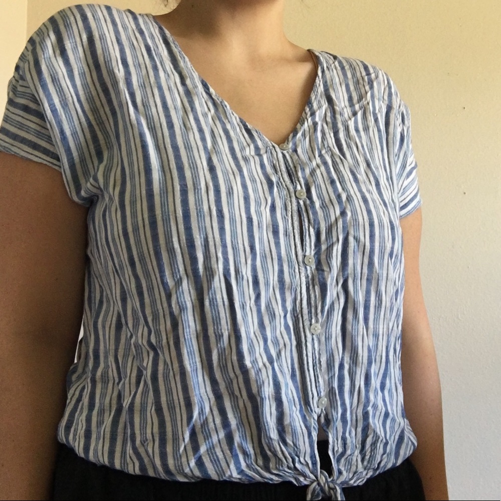 blue beachy striped button down crop-top
